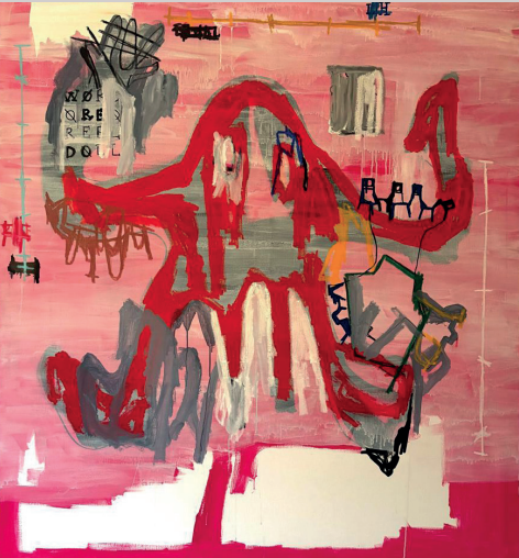 Contemporary mixed media painting Handsome Tantrum by Aubert Issachar featuring expressive red abstract figures on a pink background