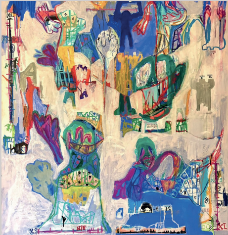 Contemporary mixed media painting Phantom Trantrum by Aubert Issachar featuring layered abstract figures and expressive symbolic forms