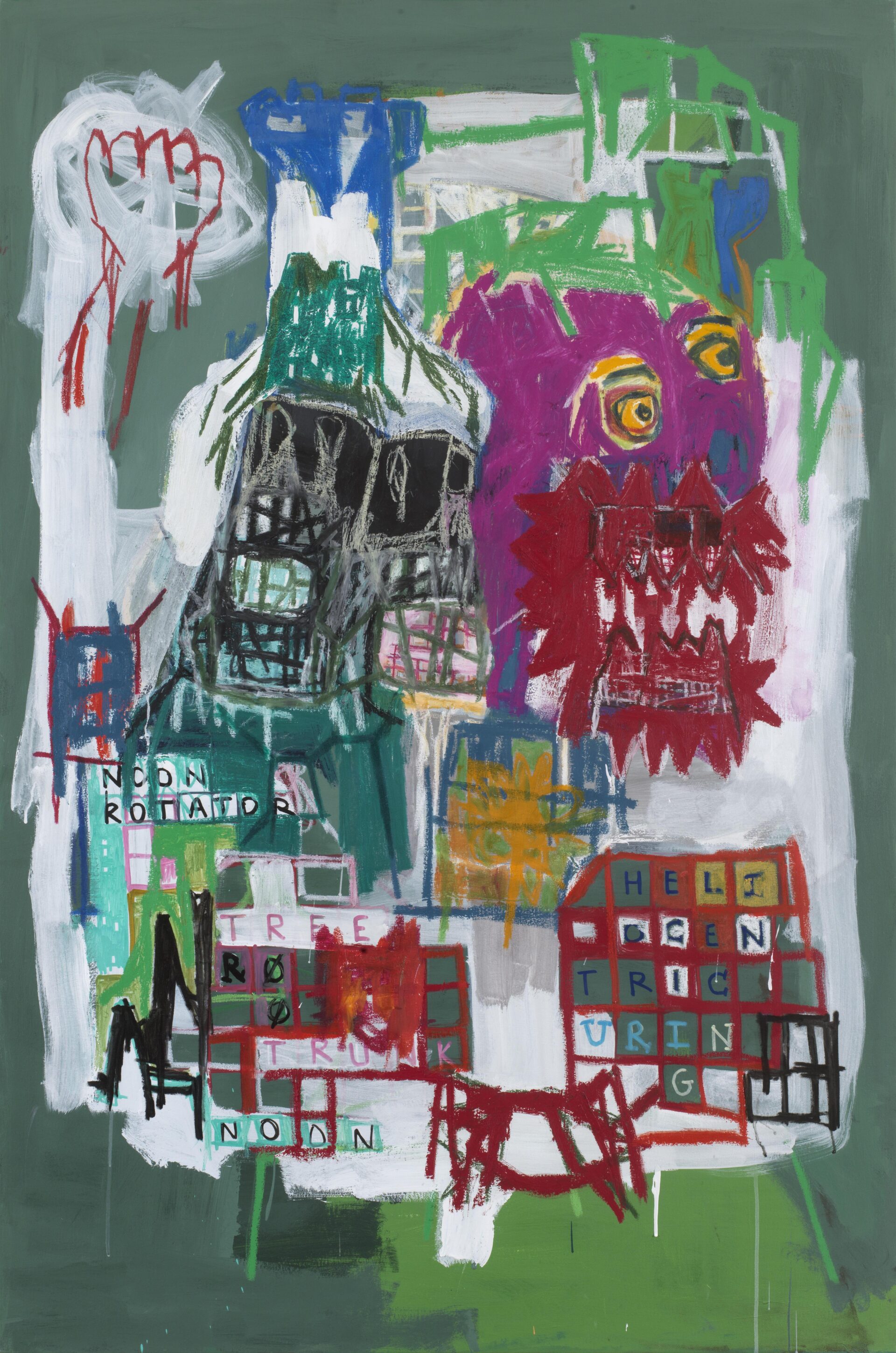 Contemporary abstract mixed media painting by Aubert Issachar featuring expressive figurative forms, symbolic grids and vibrant green, pink and red compositions on canvas