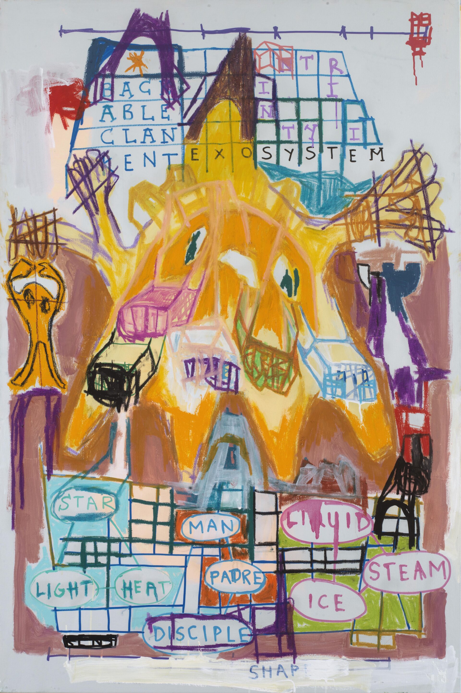 Mixed media on canvas by Aubert Issachar combining symbolic grids, handwritten text, and expressive gestural abstraction