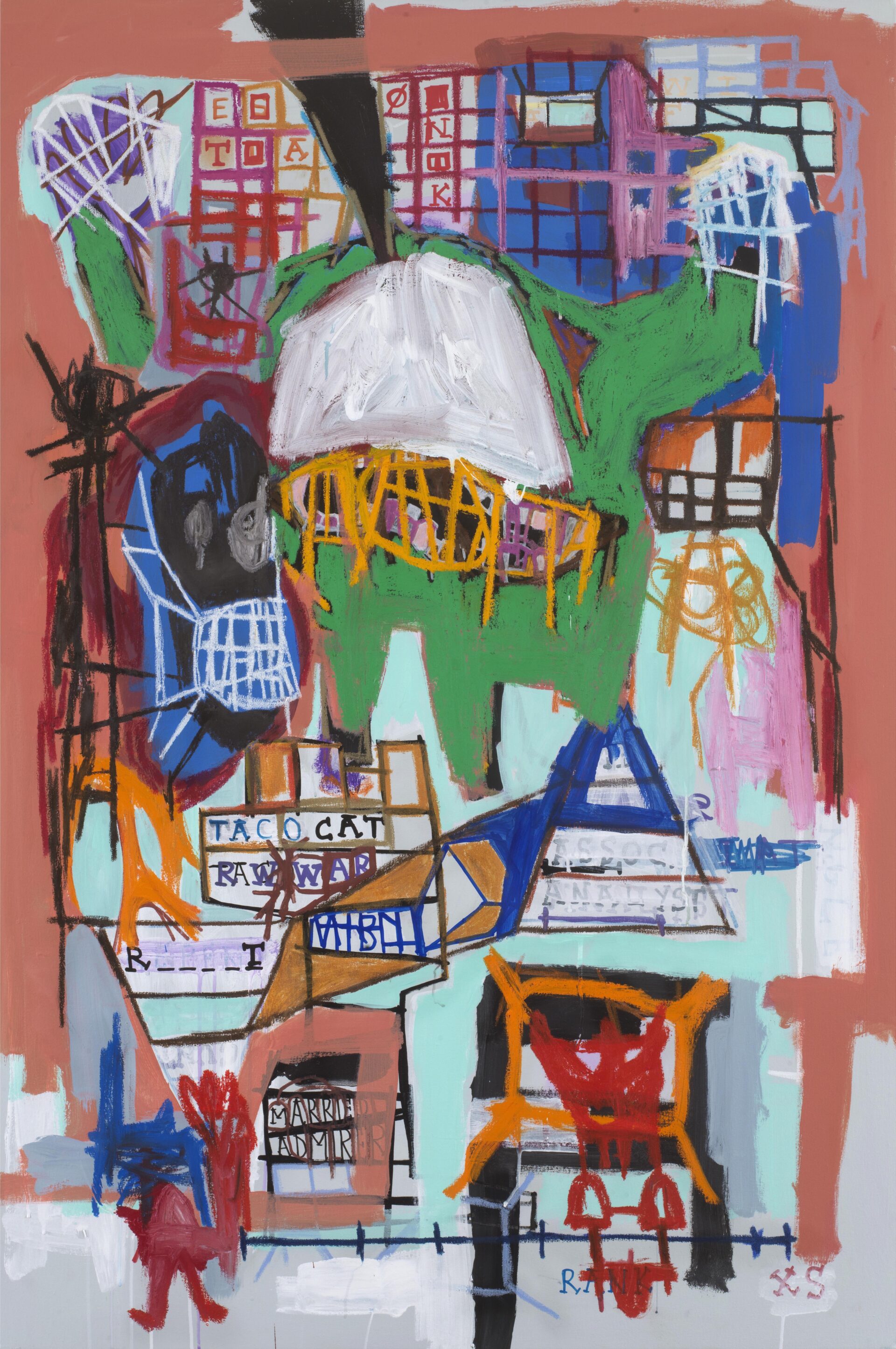 Abstract mixed media painting with gestural green and white forms, layered grid structures, and expressive red, blue, pink, and orange markings