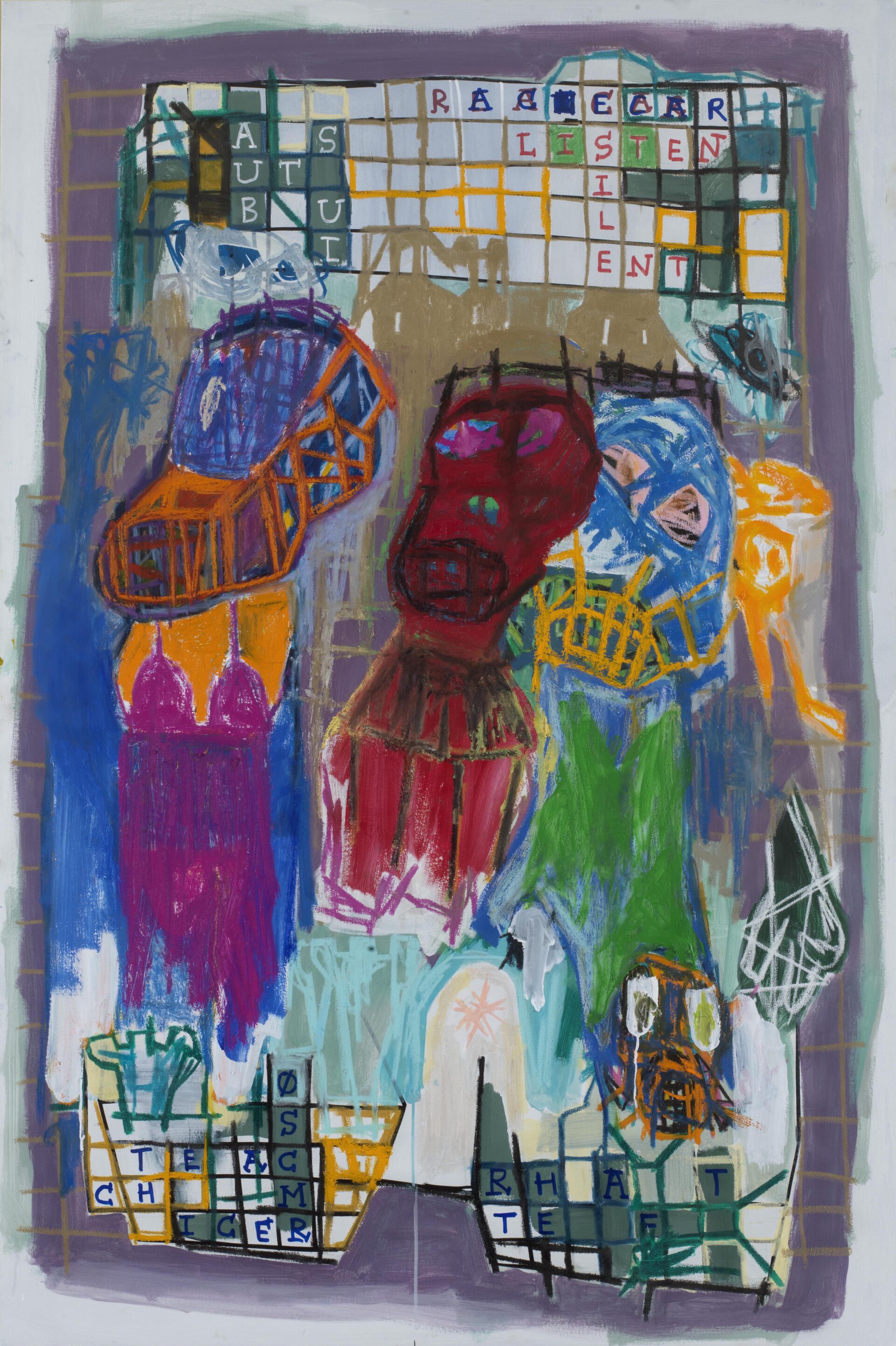 Contemporary abstract mixed media painting by Aubert Issachar featuring colorful figurative forms, grid structures and symbolic text on canvas