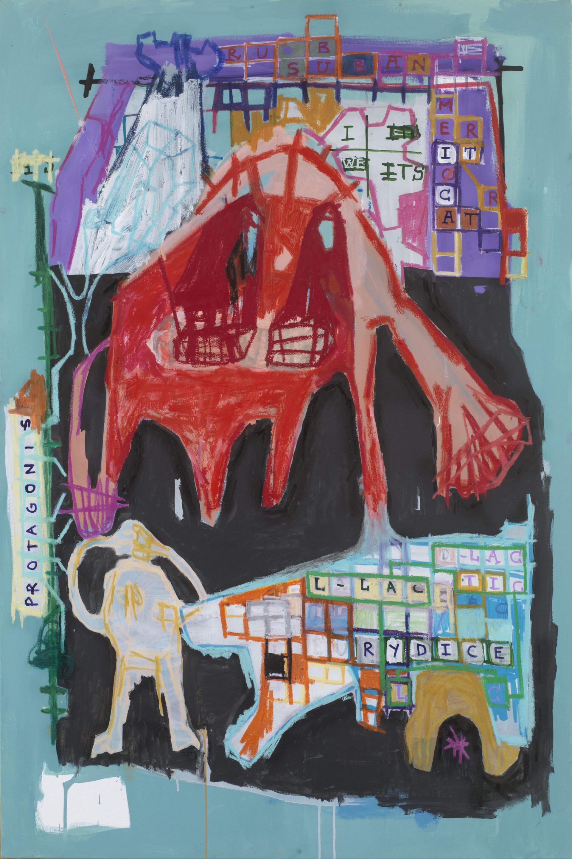 Abstract mixed media painting by Aubert Issachar featuring expressive red figurative forms, geometric grids and symbolic text against a turquoise background