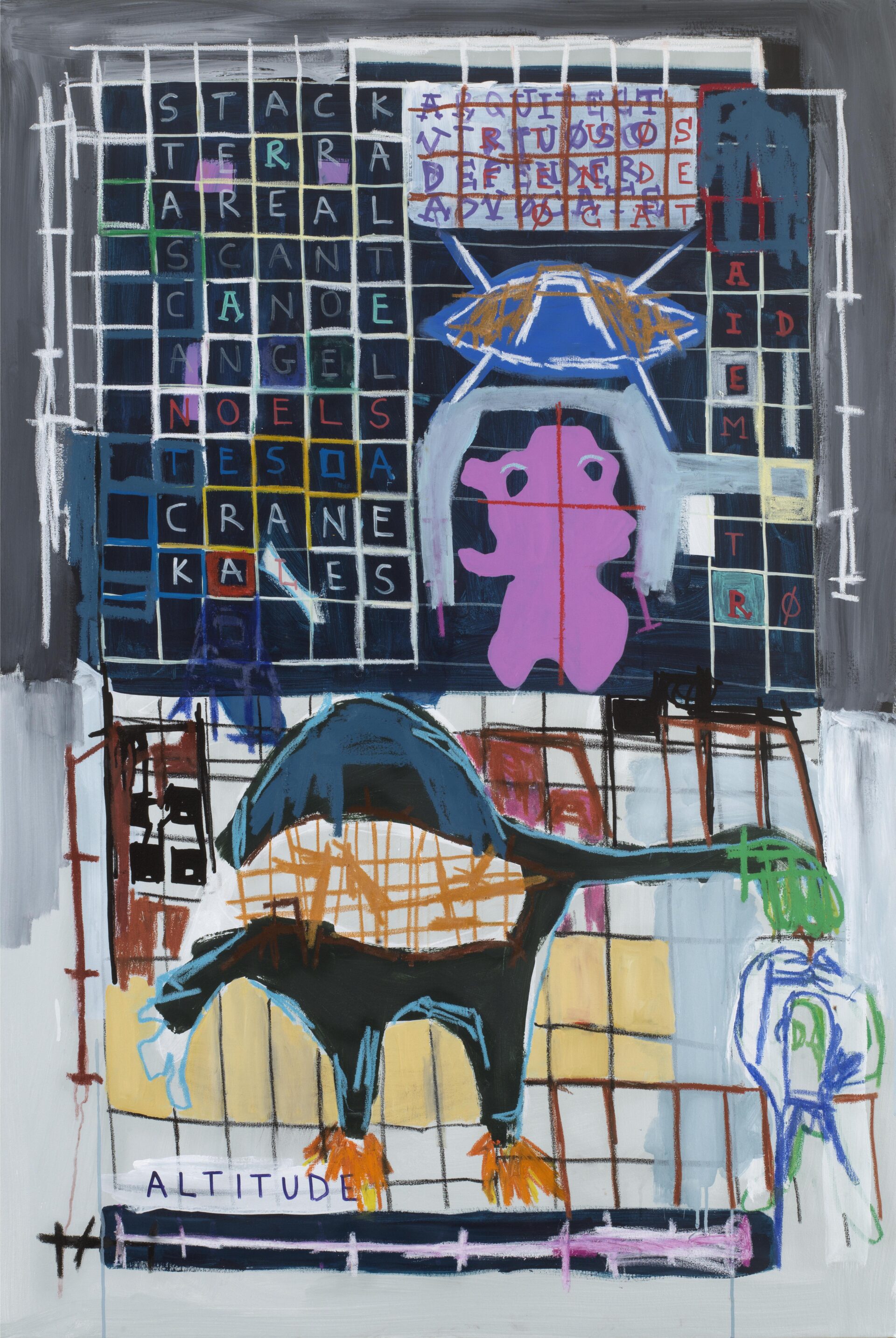 Contemporary abstract mixed media painting by Aubert Issachar featuring symbolic figures, text grids and expressive geometric forms on canvas