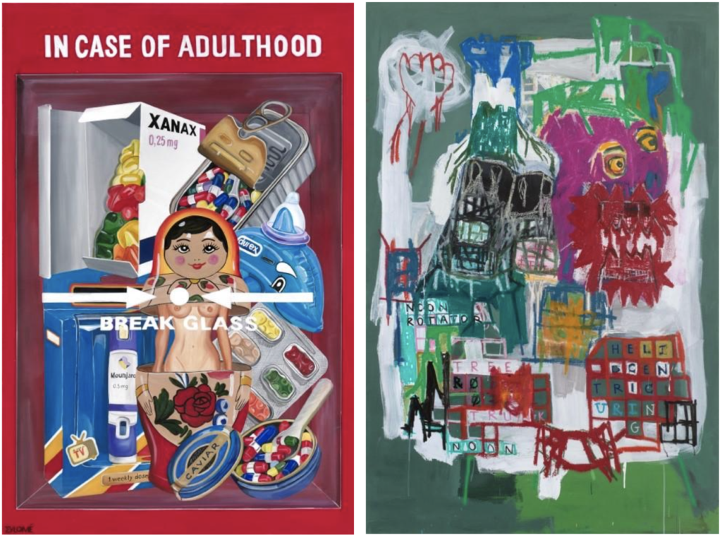 Split gallery announcement image featuring a pop-art medicine cabinet artwork with the text “IN CASE OF ADULTHOOD” beside a colorful abstract mixed media painting with expressive figures, symbols, and geometric forms