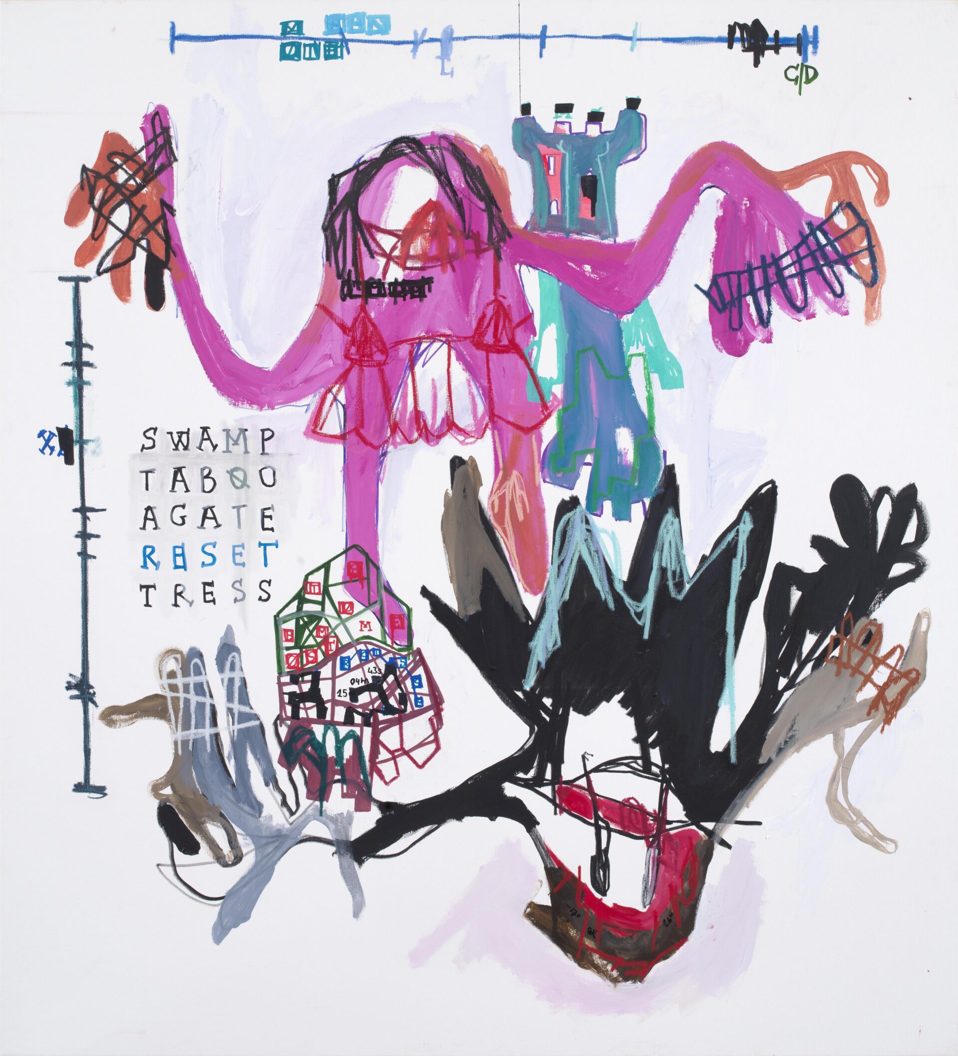 Abstract mixed media painting by Aubert Issachar featuring expressive pink, black and turquoise forms with symbolic text and gestural mark-making on canvas