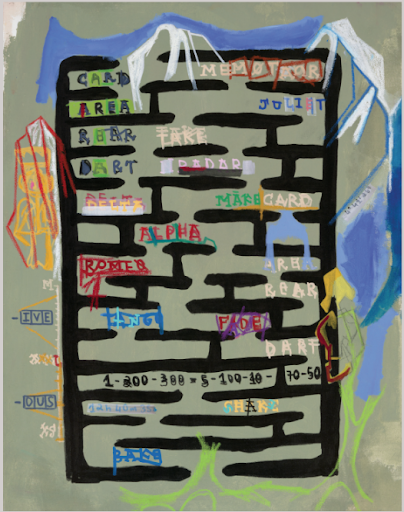 Contemporary mixed media painting by Aubert Issachar featuring black symbolic text grids and layered expressive abstract forms