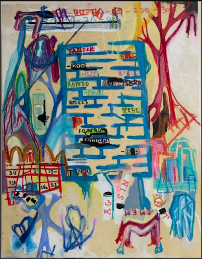 Contemporary mixed media painting by Aubert Issachar featuring blue symbolic grid structures and layered expressive abstract forms