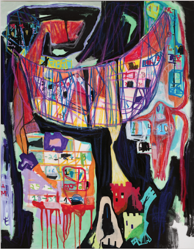 Contemporary mixed media painting by Aubert Issachar featuring dark expressionist abstract grids and layered symbolic geometric forms