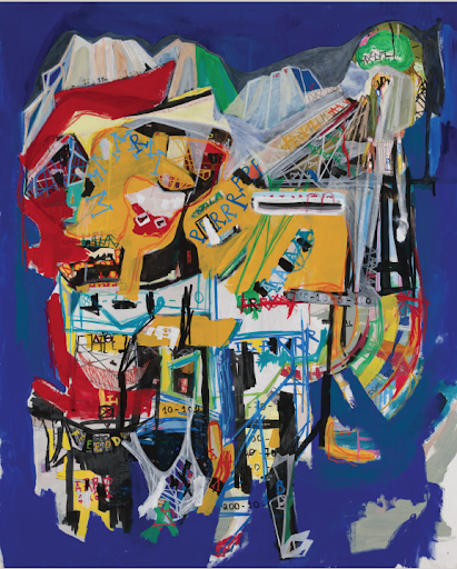 Contemporary mixed media painting by Aubert Issachar featuring layered abstract structures and expressive geometric compositions on a deep blue background