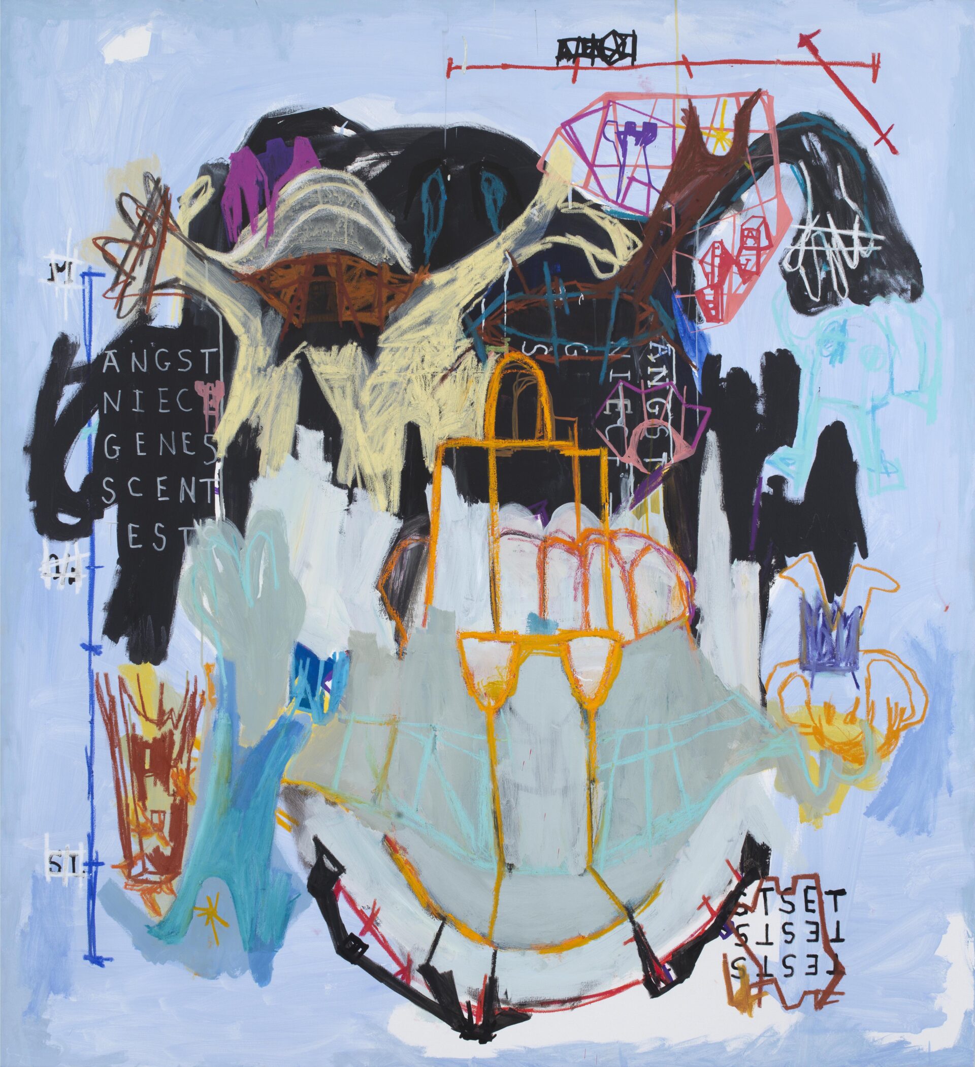 Abstract mixed media painting by Aubert Issachar featuring expressive black and cream forms, symbolic markings and layered gestural abstraction on a pale blue background