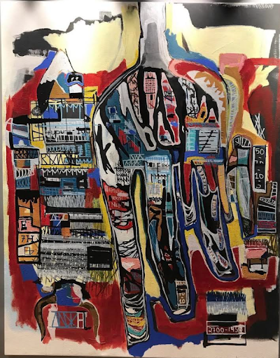 Abstract mixed media painting with layered vertical forms, fragmented architectural structures, and expressive black, red, blue, cream, and yellow geometric elements