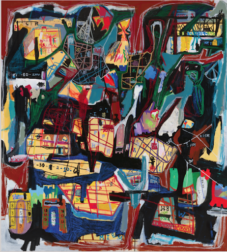 Contemporary mixed media painting by Aubert Issachar featuring layered urban abstract grids and expressive geometric compositions