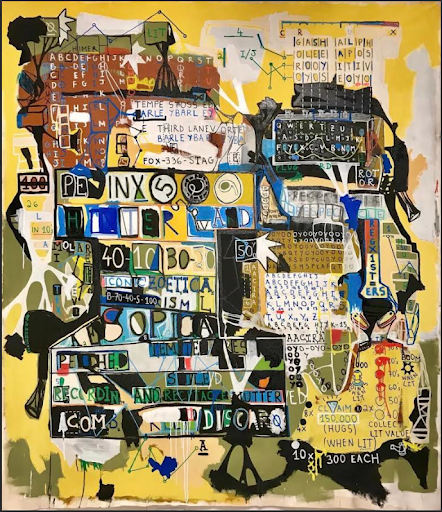 Abstract mixed media artwork composed of layered typographic fragments, geometric symbols, mechanical forms, and handwritten markings in yellow, black, white, and blue tones