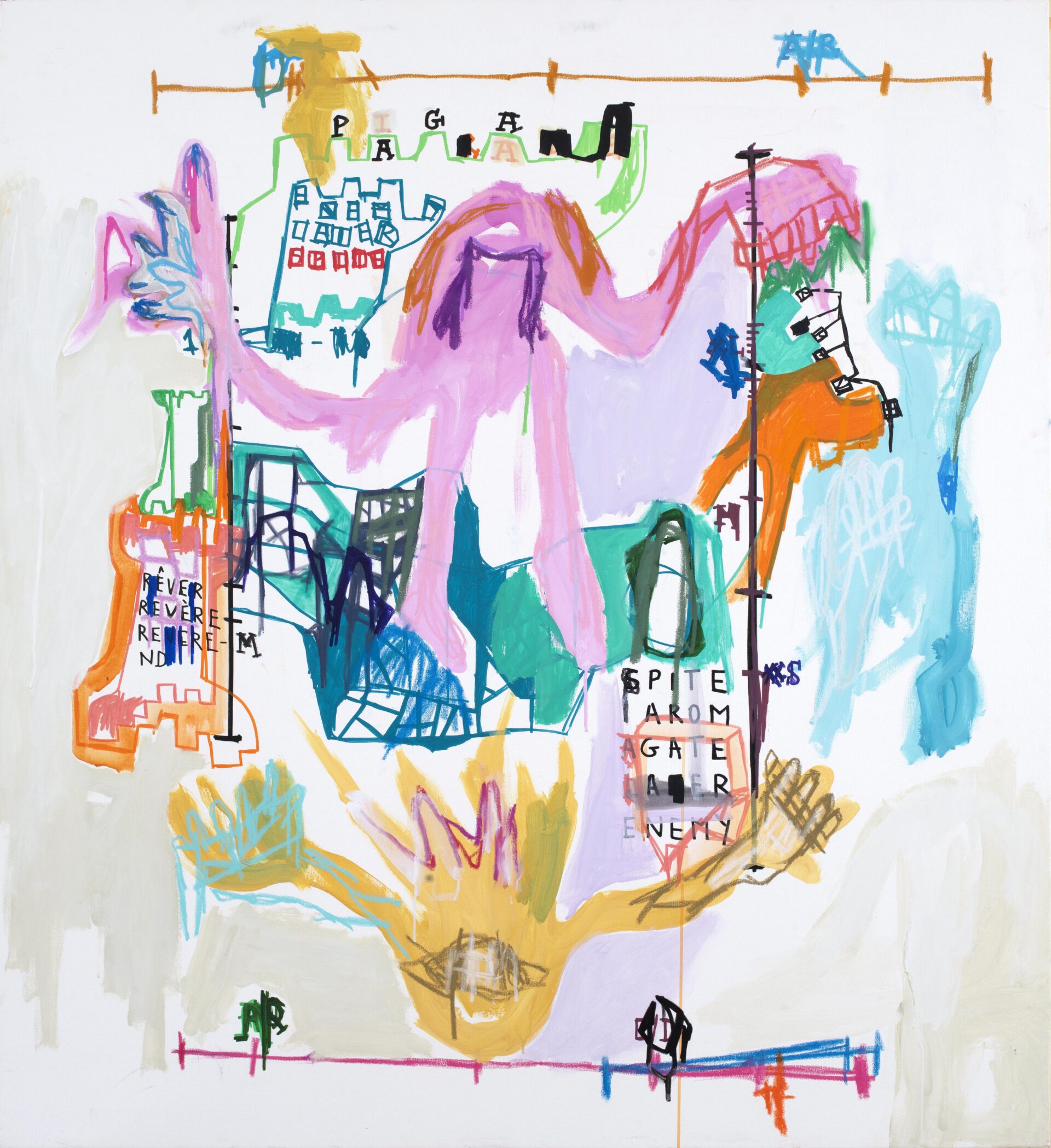 Abstract mixed media painting by Aubert Issachar featuring expressive pink figurative forms, symbolic markings and layered geometric structures on canvas