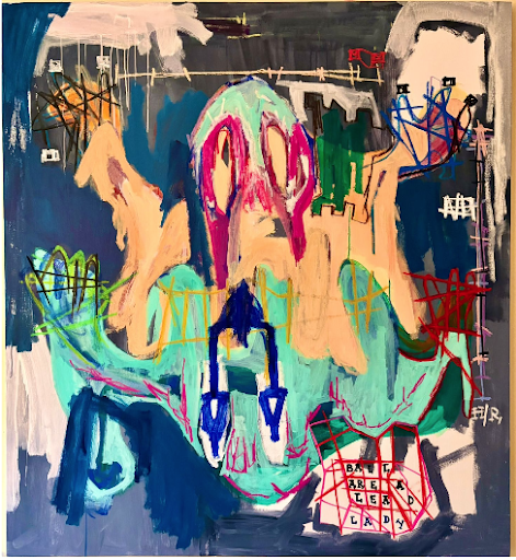 Contemporary mixed media painting by Aubert Issachar featuring symbolic abstract figures and layered expressive compositions in deep blue tones