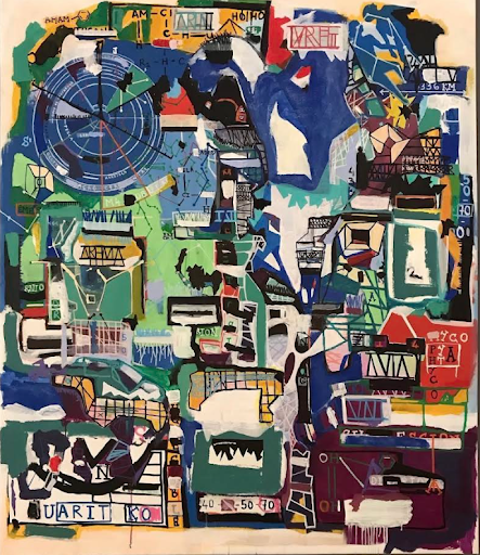 Large abstract mixed media painting with layered geometric forms, architectural fragments, circular diagram motifs, and dense urban-inspired structures in blue, green, black, and cream tones