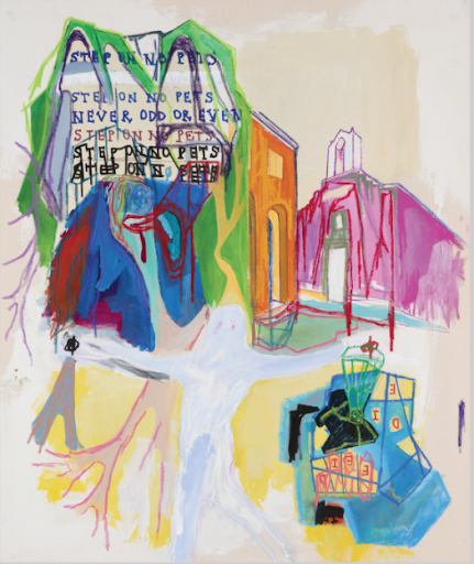 Contemporary mixed media painting by Aubert Issachar featuring pastel architectural abstract forms and expressive urban symbolic compositions