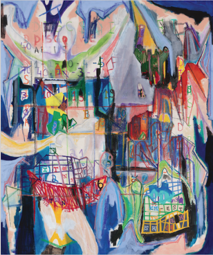Contemporary mixed media painting by Aubert Issachar featuring layered pastel abstract forms and expressive urban geometric compositions