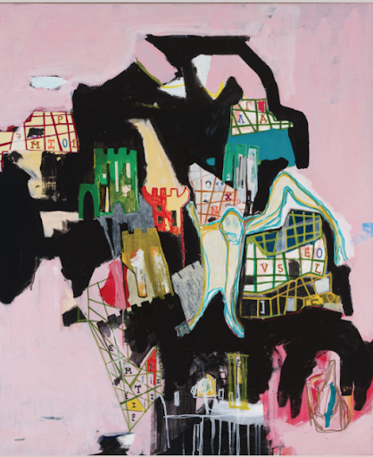 Contemporary mixed media painting by Aubert Issachar featuring black abstract structures and layered symbolic forms on a pink background