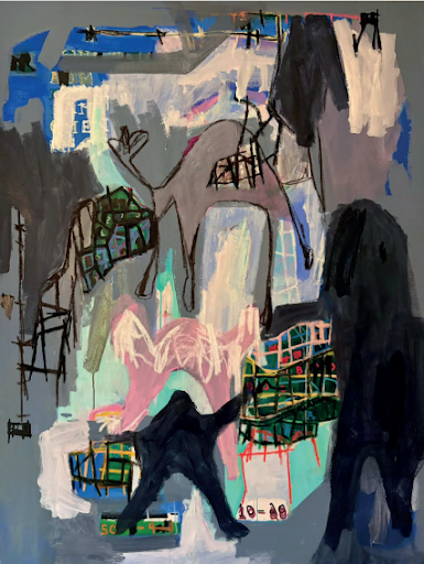 Contemporary mixed media painting Quantum Tantrum by Aubert Issachar featuring dark abstract figures and layered symbolic compositions