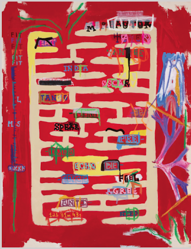 Contemporary mixed media painting by Aubert Issachar featuring red symbolic grid structures and layered expressive abstract text forms