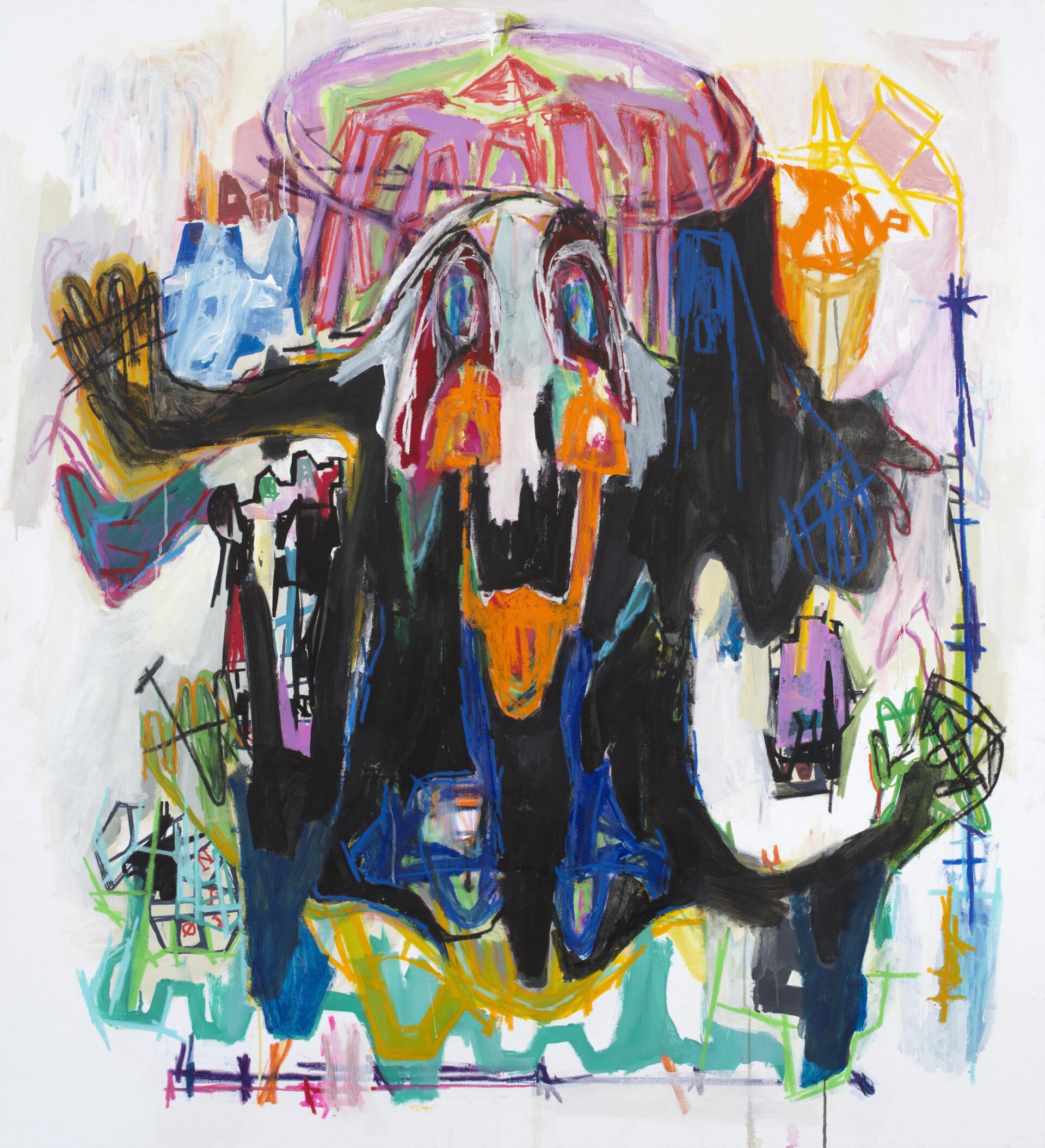 Abstract mixed media painting by Aubert Issachar featuring expressive black figurative forms, vibrant orange and blue accents, and layered gestural abstraction on canvas