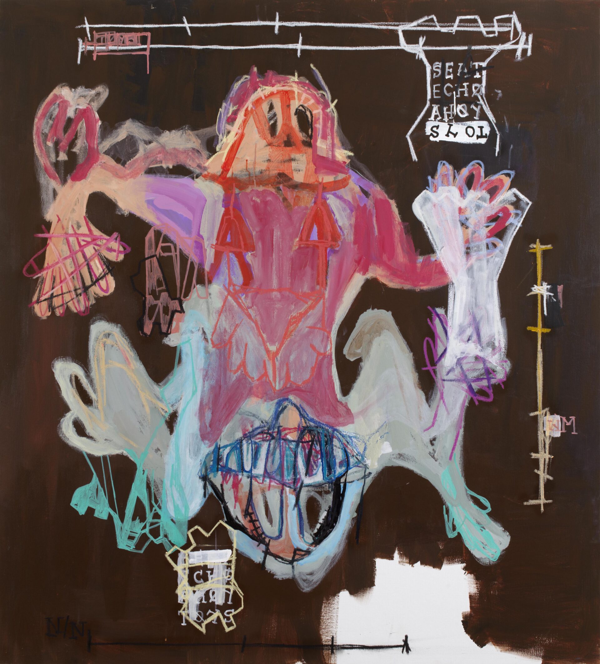 Abstract mixed media painting by Aubert Issachar featuring expressive pink figurative forms, symbolic markings and layered gestures on a dark background