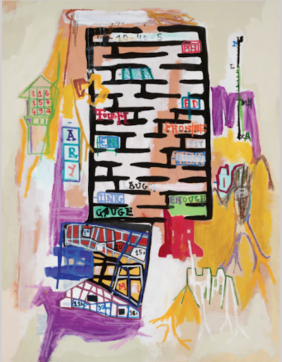 Contemporary mixed media painting by Aubert Issachar featuring symbolic black grid structures and colorful layered abstract forms