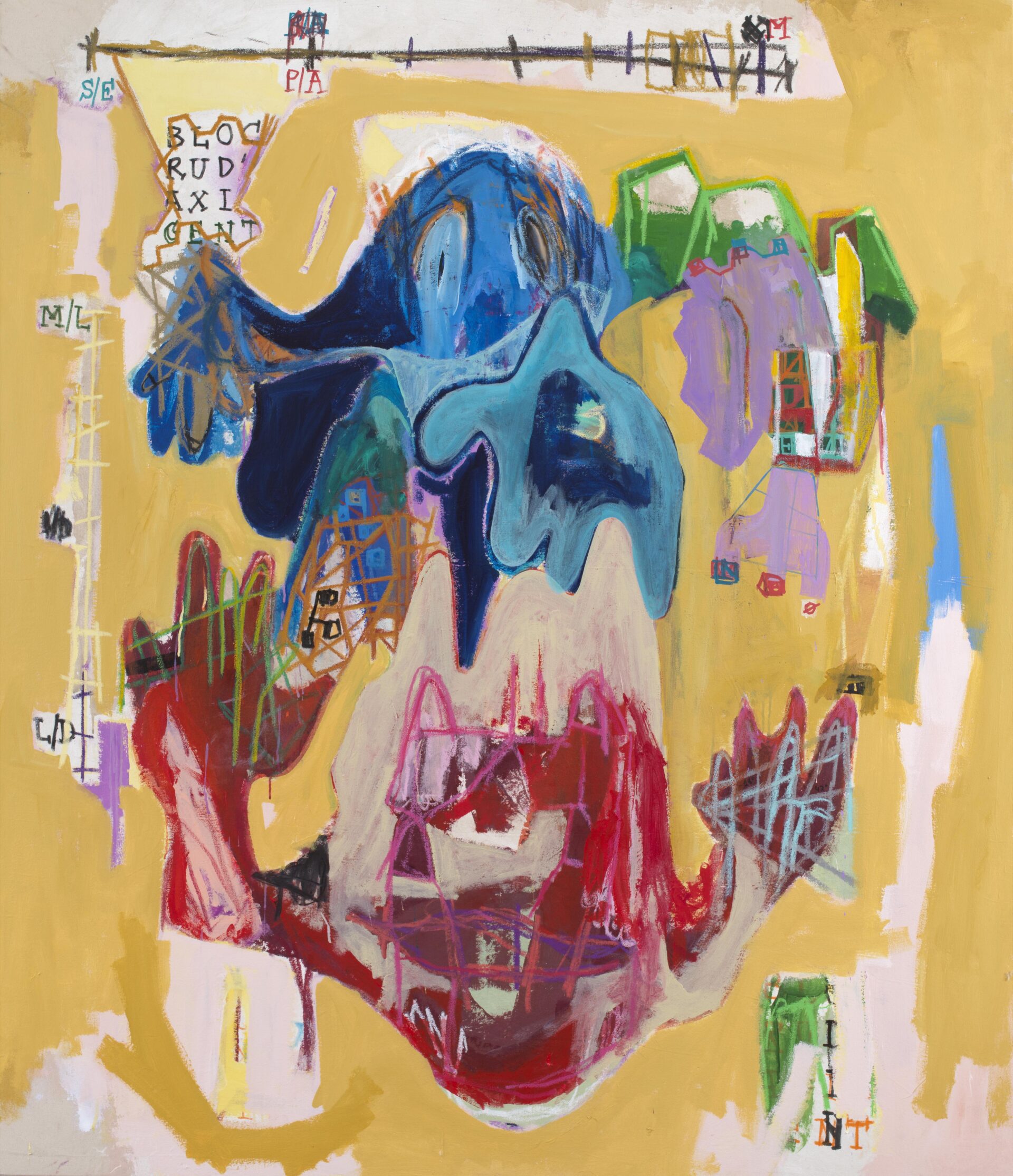 Abstract mixed media painting by contemporary artist Aubert Issachar featuring expressive layered forms, vibrant blue, red, yellow and green tones on canvas