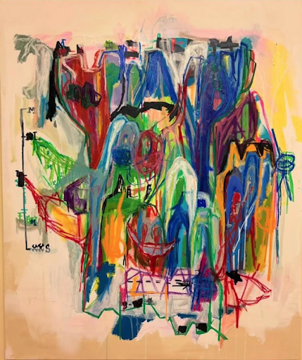 Vertical abstract mixed media painting with expressive layered brushstrokes, colorful architectural forms, and energetic gestural lines in blue, green, red, and yellow tones