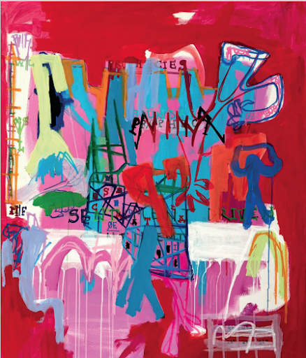 Contemporary mixed media painting Tower Tantrum by Aubert Issachar featuring vibrant red abstract forms and expressive layered compositions