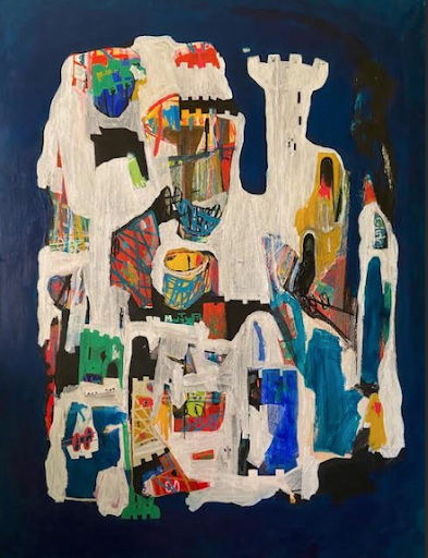 Abstract mixed media painting with layered white architectural tower-like forms against a deep blue background, featuring colorful geometric fragments and expressive textures