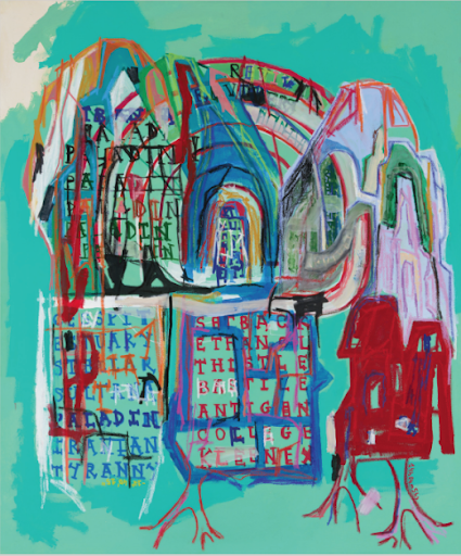 Contemporary mixed media painting by Aubert Issachar featuring turquoise abstract symbolic figures and layered expressive architectural forms