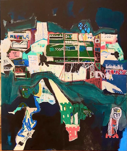 Abstract mixed media painting with layered architectural forms, dark flowing shapes, and geometric urban-inspired structures in green, blue, white, and black tones