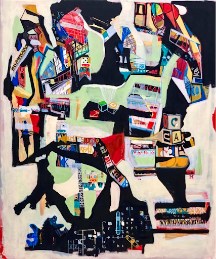Large-scale abstract mixed media painting with layered geometric structures, fragmented architectural forms, and contrasting black, cream, blue, and red color fields