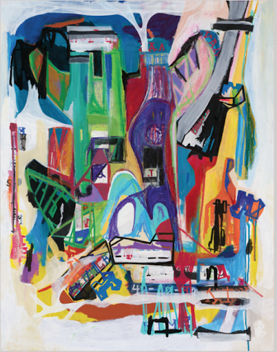 Vertical abstract mixed media painting with layered geometric forms, expressive brushwork, and vibrant urban-inspired color structures by Aubert Issachar