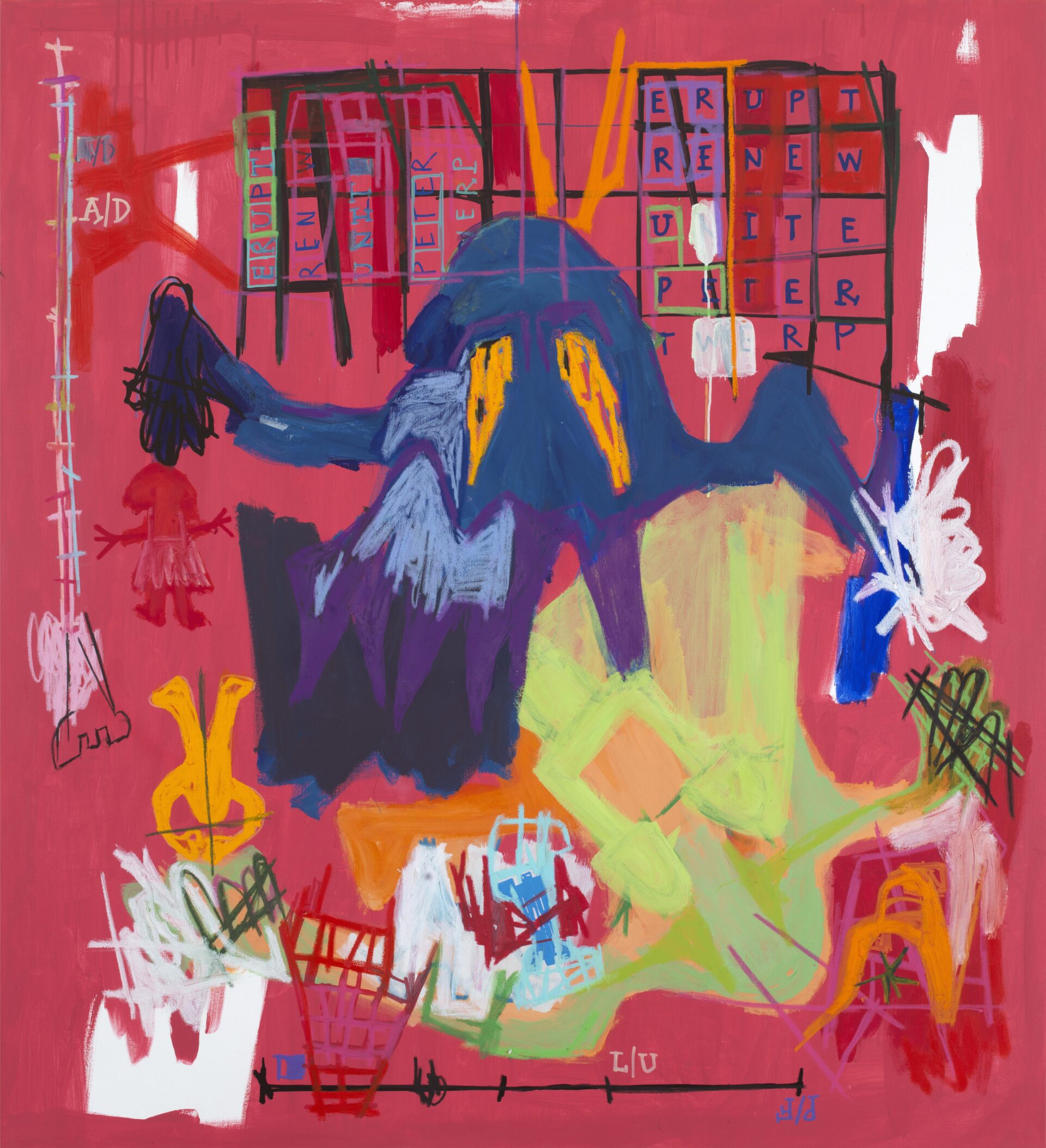 Abstract mixed media painting by Aubert Issachar featuring expressive blue and green figurative forms, symbolic text grids and vibrant gestural abstraction on a pink background