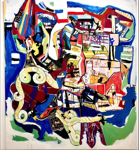 Large-scale abstract mixed media painting with bold geometric forms, layered architectural motifs, curving ribbon-like lines, and vivid blue, red, black, and cream color contrasts